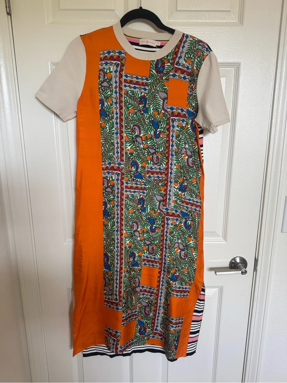 Tory Burch Orange Multi-Print Short Sleeve Midi Dress
